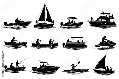 Silhouette of diverse boats and watercraft with people in various activities.