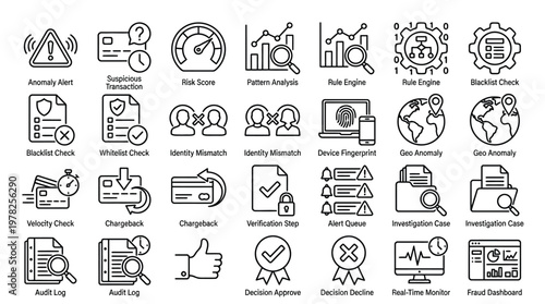 Set of 36 fraud detection line icons. financial security concepts.
