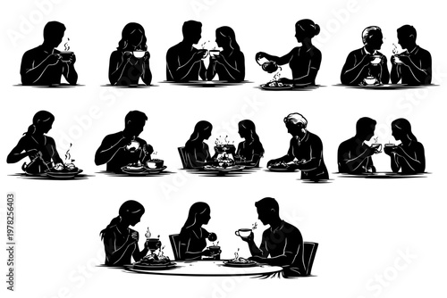 Silhouettes of diverse people dining and enjoying hot beverages together.
