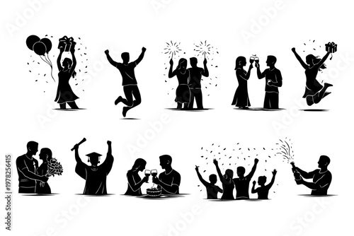 Silhouette celebration: diverse group excitedly celebrating various occasions.