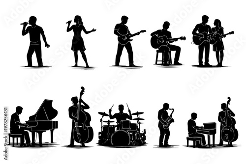 Silhouettes of musicians performing with various instruments and singers.