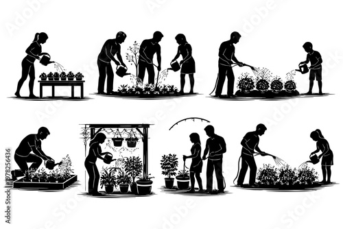 Silhouettes of people gardening: watering plants and nurturing nature together.