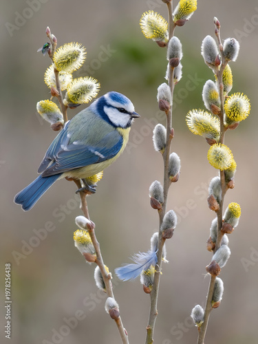 Eurasian blue tit tranquil perched on catkins representing spring on soft blurred background