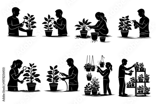 Silhouettes of people caring for plants in various gardening activities.