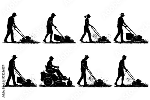 Silhouettes of diverse individuals mowing lawns with various lawn mowers.