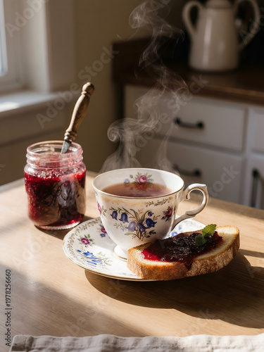 Vintage tea and jam setting calm morning breakfast on warm wooden table