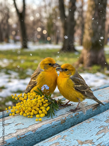 Pair of small songbirds with tender mood perched near a mimosa bouquet on a snowy park bench