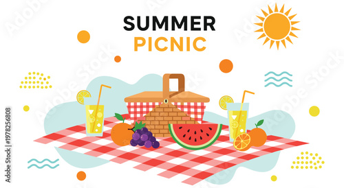 Bright summer picnic illustration features delicious food, refreshing drinks, and a cozy checkered blanket spread out for outdoor enjoyment. Perfect for summer promotions and designs.