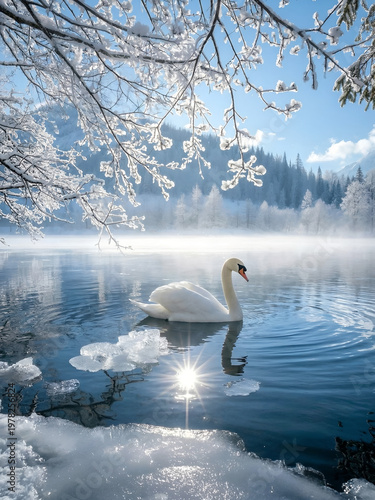 White swan serene gliding across frozen lake with misty forest and snow-dusted mountain