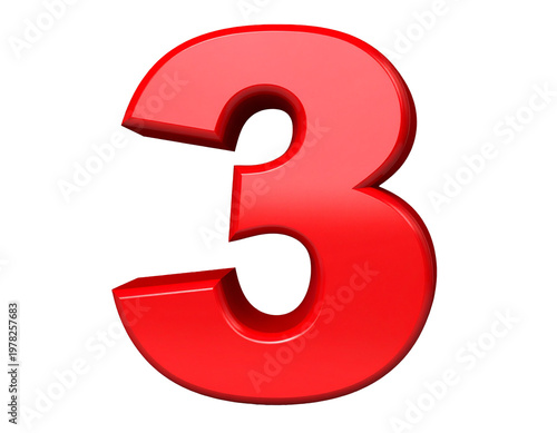 Number 3 in vibrant red isolated on white background, shiny three-dimensional digit cutout for sale, anniversary and counting compositing