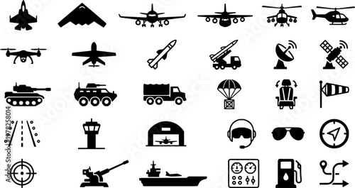 Military Aircraft Icons. Military aircraft. Line icon set of military aircraft: fighter jet, bomber, helicopter, drone, radar, missile, pilot helmet, control