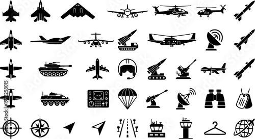 Military Aircraft Icons. Military aircraft. Line icon set of military aircraft: fighter jet, bomber, helicopter, drone, radar, missile, pilot helmet, control