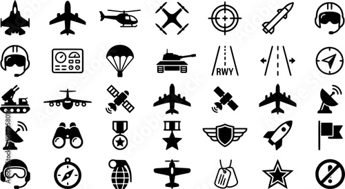 Military Aircraft Icons. Military aircraft. Line icon set of military aircraft: fighter jet, bomber, helicopter, drone, radar, missile, pilot helmet, control