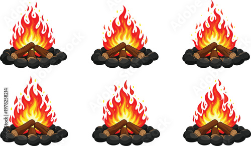 Set of campfire flames with burning wood logs and stones, outdoor fire elements collection isolated vector illustration for camping and survival design