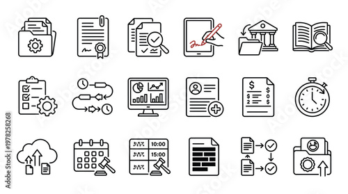 Business data management and document workflow line icon set for digital office.