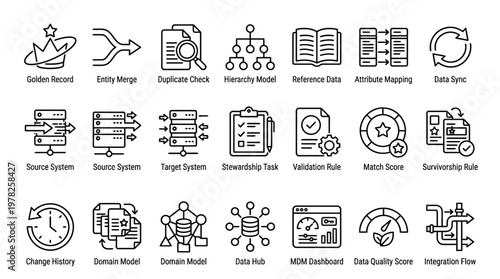 Master data management and quality control line icon set with descriptive labels.