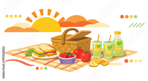Enjoyable summer picnic spread featuring sandwiches, fresh fruits, and cool drinks on a checkered blanket. Perfect for outdoor gatherings and sunny days.