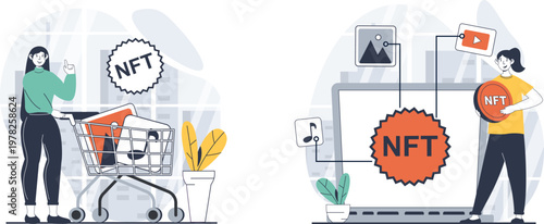 Artists discussing nft art trade and digital collectibles in a gallery and online