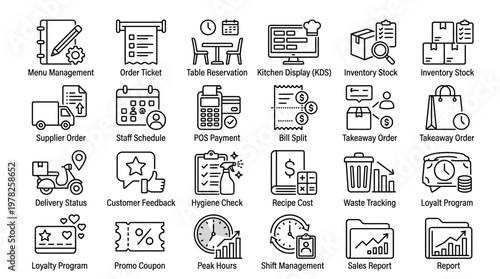 Restaurant management and kitchen service operations line icons vector collection.