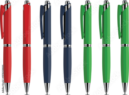 Set of realistic ballpoint pens in red, navy blue, and green colors isolated on white background for office stationery vector design.