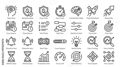 Deep focus and productivity icon set for time management and work efficiency app.