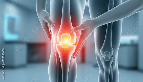 A medical illustration of a person highlighting knee pain in a clinical setting