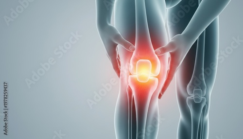 A medical illustration of a human knee with highlighted pain and inflammation.