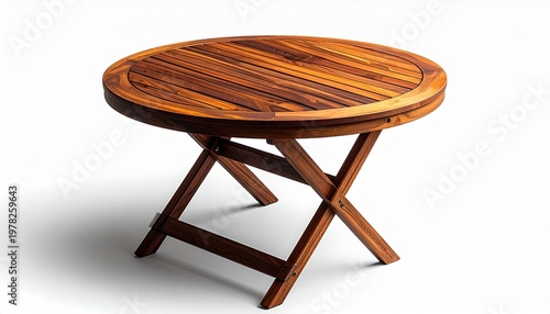 Round wooden foldable table with X-shaped legs, natural wood finish, simple design, indoor outdoor use
