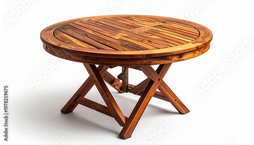 Round wooden dining table with X-shaped legs, rustic teak finish, handcrafted design, perfect for indoor living spaces