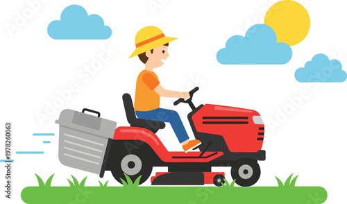 Man riding lawn mower cutting grass in garden, gardening and landscaping concept isolated vector illustration for outdoor work and maintenance design