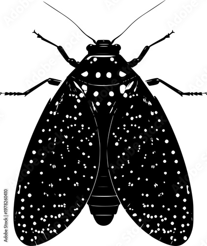 A symmetrical lanternfly with a bold black nose cone stands against a pristine white background, showcasing crisp contours and flawless sharp edges in minimalist flat vector art