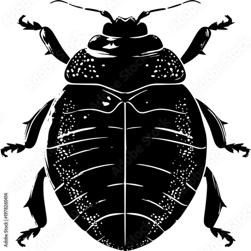 A symmetrical ladybug larva with a segmented body in bold solid black against a pure white background is depicted in minimalist flat vector art with flawless sharp edges for auto tracing