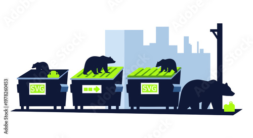 Bears foraging in dumpsters with city skyline background