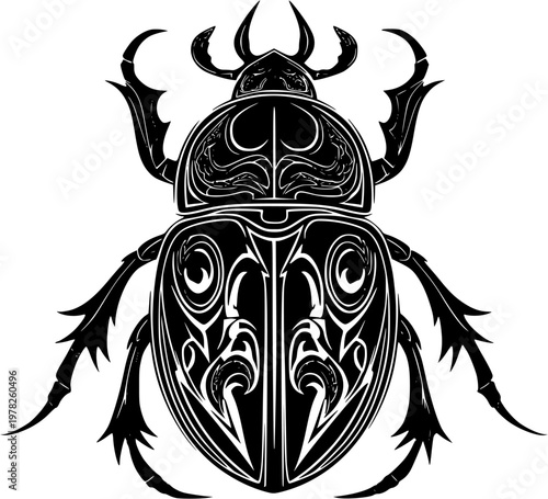 A stylized tribal scarab beetle tattoo concept features bold black ink outlines on a solid white background, with sharp contrast and clear borders, perfect for vectorization