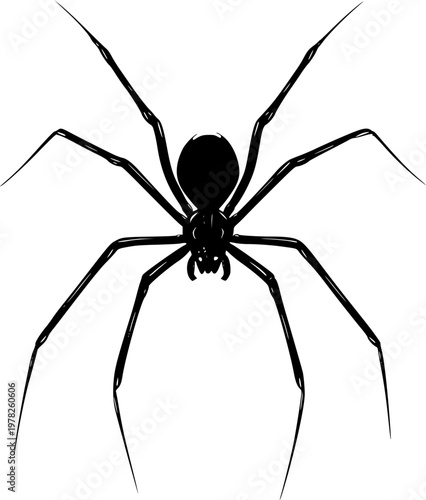 The Symmetrical Cellar spider, with its bold solid black shape and perfect crisp contours against a pure white background, is rendered in minimalist flat vector art showcasing flawless sharp edges
