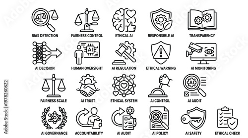 Ethical ai and responsible artificial intelligence governance thin line icons.