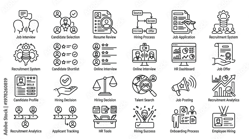 Obraz premium Human resources and recruitment process icons for employee hiring and selection.