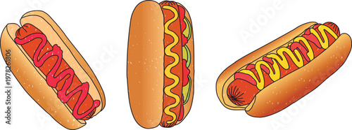 Three colorful hot dog cartoon clipart vector set. Tasty sausage in bun with ketchup, mustard and relish toppings, perfect for fast food, menu, restaurant and summer designs.