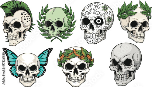 Set of decorative skull illustrations with leaves, patterns and butterfly wings, artistic gothic collection isolated vector for tattoo and design