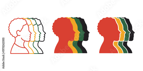 Diversity human heads are shown in various styles and vibrant Pan African colors representing diversity and unity