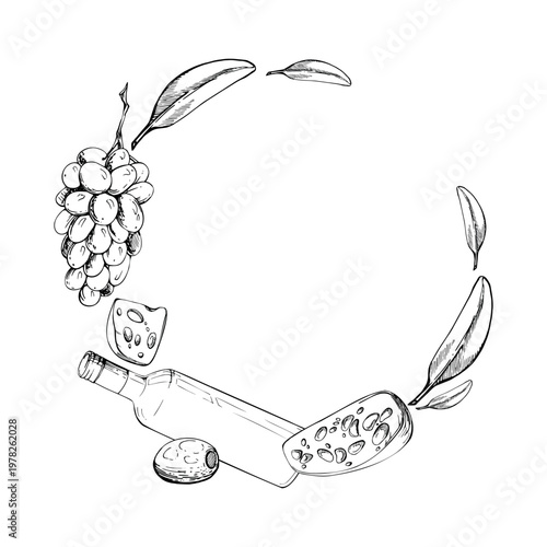 Wreath frame with glass bottle, holed cheese wedges, olive fruit and leaves, ripe grape clusters. Ink vector illustration hand drawn for gourmet food packaging, wine lists and pairing guides, menus