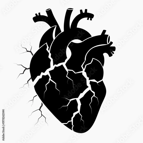 Broken heart, cracked heart, black silhouette, heartbreak symbol, vector icon
