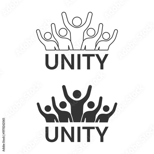 Unity group human figure icon shows five abstract people with raised arms symbolizing togetherness and support in an illustration