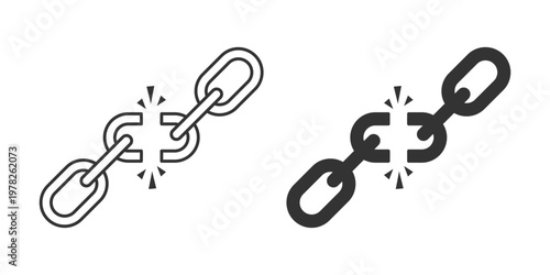 Broken chain link represented in outline and solid fill vector illustration styles signifying disconnection or an issue