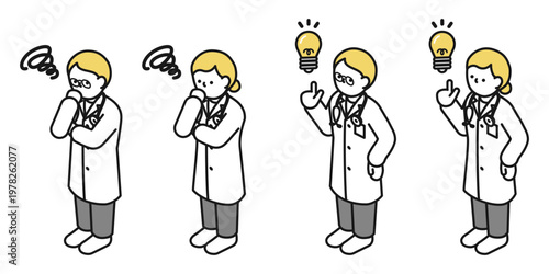 アイソメトリックイラスト:アイデアを思いつく男女 考える男女(医者)