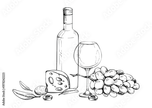 Classic wine still life with bottle, Emmental or maasdam cheese wedge and fresh grapes, balloon glass, olive fruit and leaves. Isolated ink vector illustration. Wine shop visuals, menus, brochures.