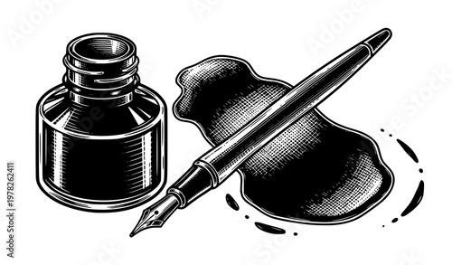 Ink bottle and pen woodcut engraving vector