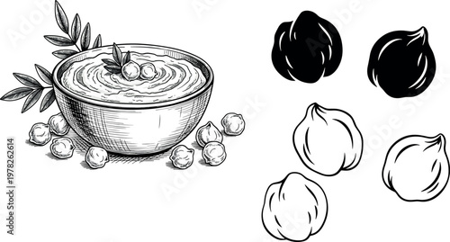 Chickpea hummus bowl vector illustration with garbanzo beans and garlic cloves silhouette and outline elements isolated on white background