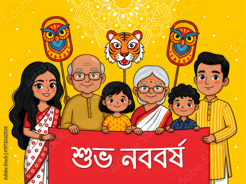 Multigenerational bengali family celebrating pohela boishakh bengali new year with traditional masks and a shubho noboborsho banner