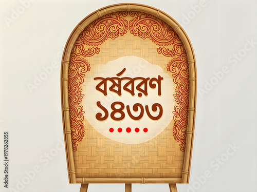 Festive bengali new year pohela boishakh sign with borshoboron 1430 text on a traditional bamboo winnowing fan kula